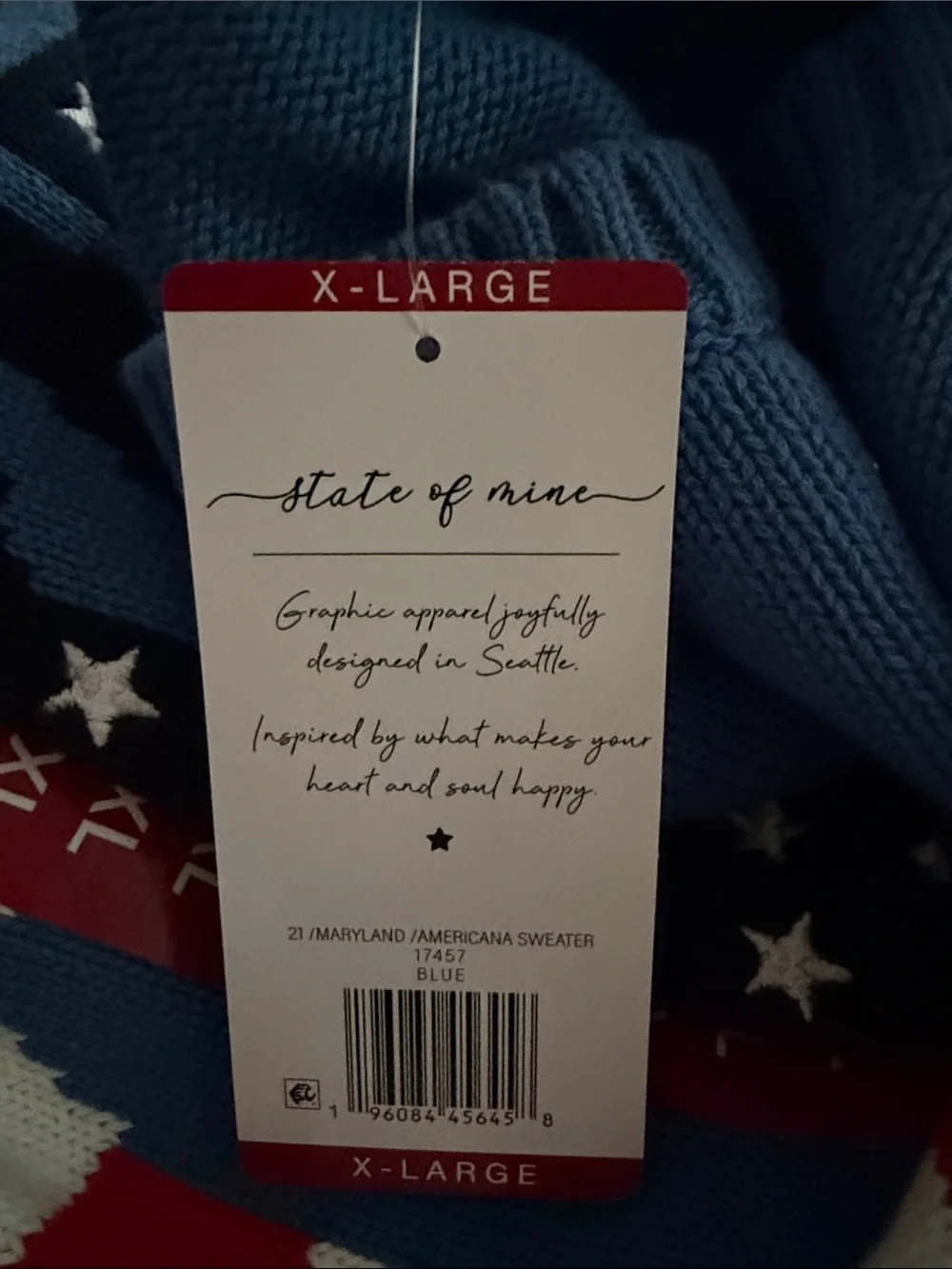 NWT Blue Unisex Crewneck Sweater American Flag Graphic Maryland Sz L & XL